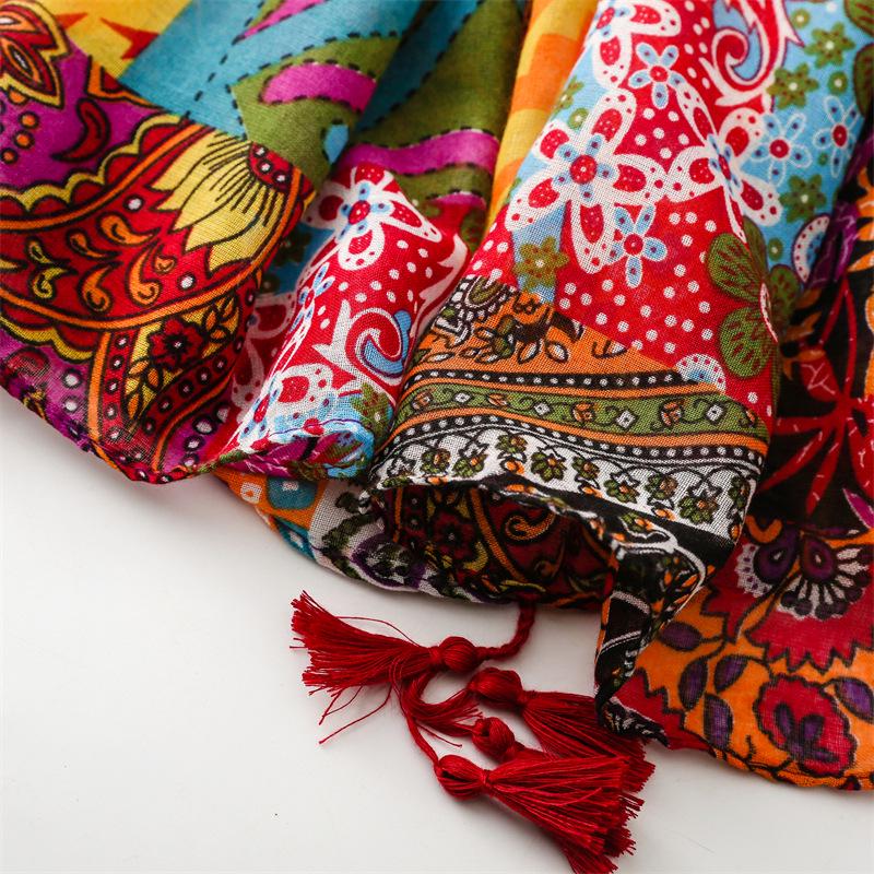 Bohemian Red Tassel Scarf - Ethnic Style Cotton-Linen Blend Shawl