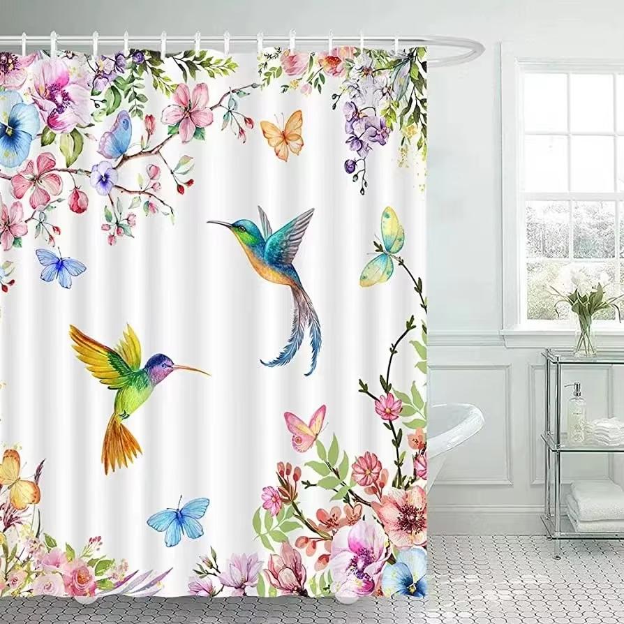 Beautiful Flower And Bird Printed Shower Curtain Partition Privacy Hanging Home Decoration Curtain With Hooks Machine Washable