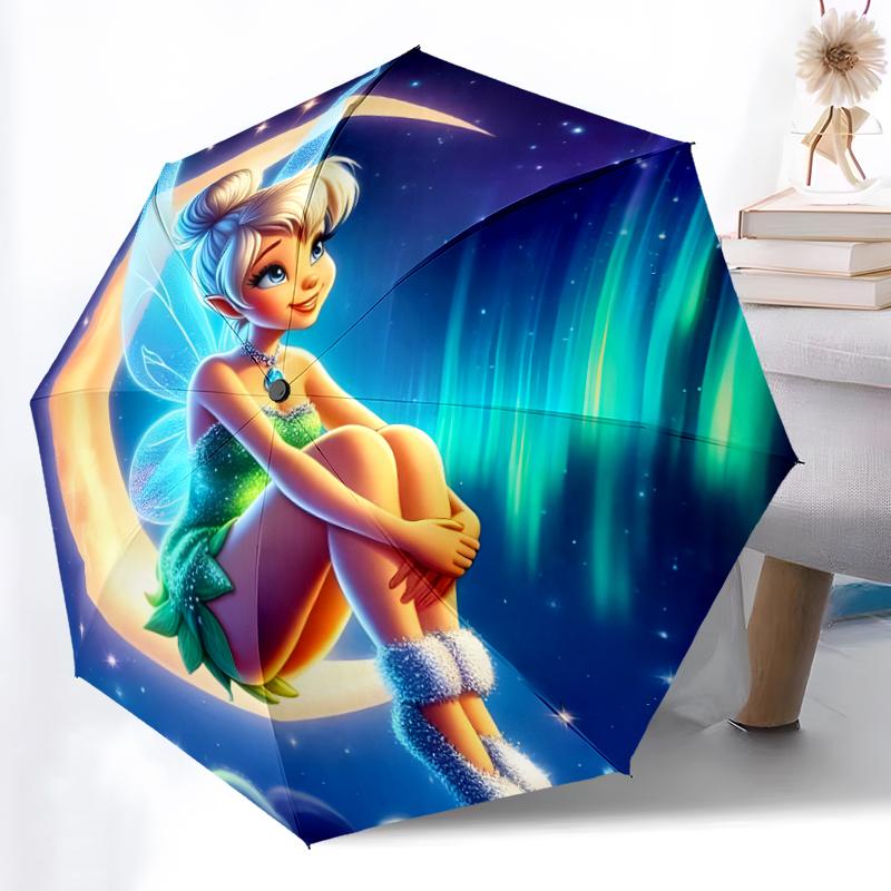 1pc Sturdy 8-Bone Auto Umbrella, Tinker Bell Flower Umbrella, Digital Printed, Foldable Umbrella for On-the-Go Outdoor Use