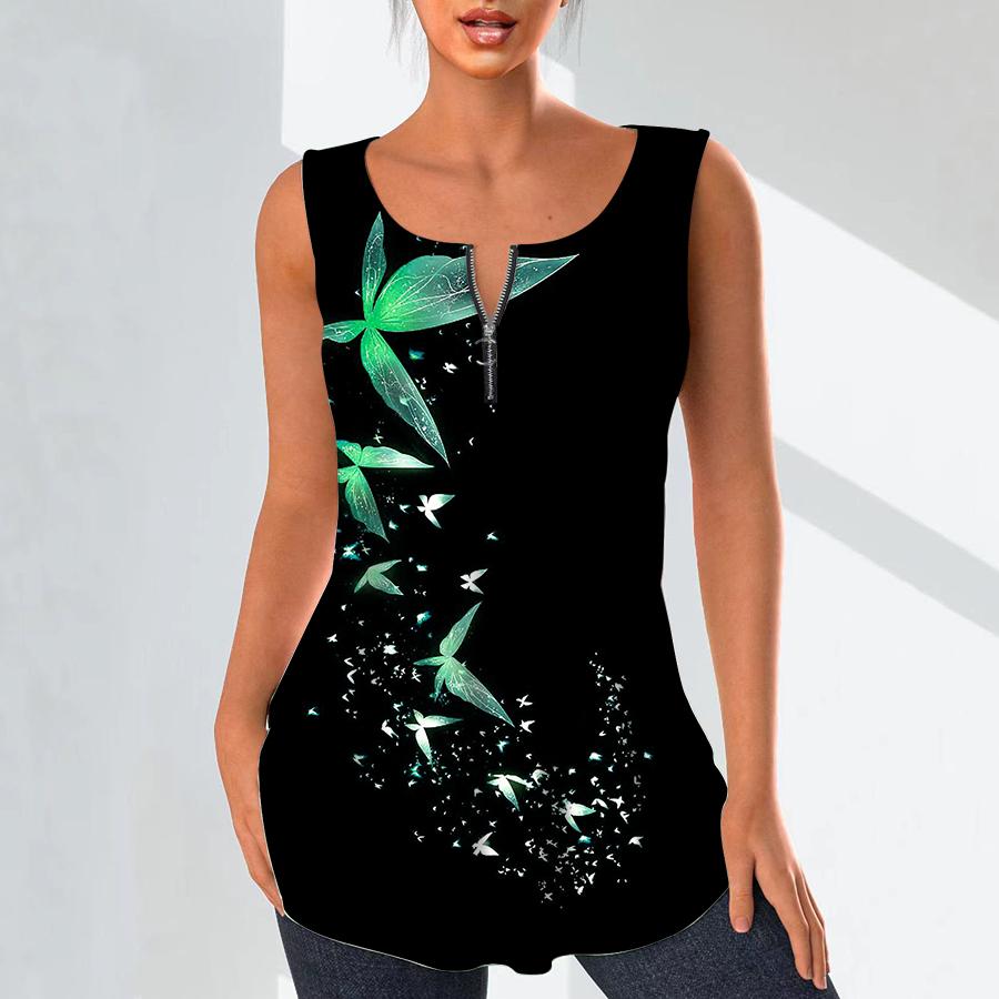 Women's Fashion V Neck Shirts Casual Tops T-shirt Ladies 3D Beautiful Butterfly Print Vest Plus Size Sleeveless Blouse Tank Tops