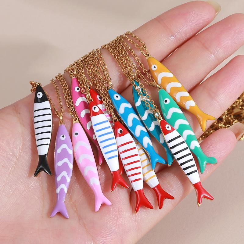Cute Exquisite Colorful Fish Pendant Necklaces For Women Girls Fashion Stainless Steel Necklace Summer Beach Jewelry Gift