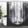 Forest Deer Shower Curtain Grey Foggy Montains Pine Tree Wildlife Elk Moose Hunting Outdoor Rustic Cabin Lodge Nature Landscape