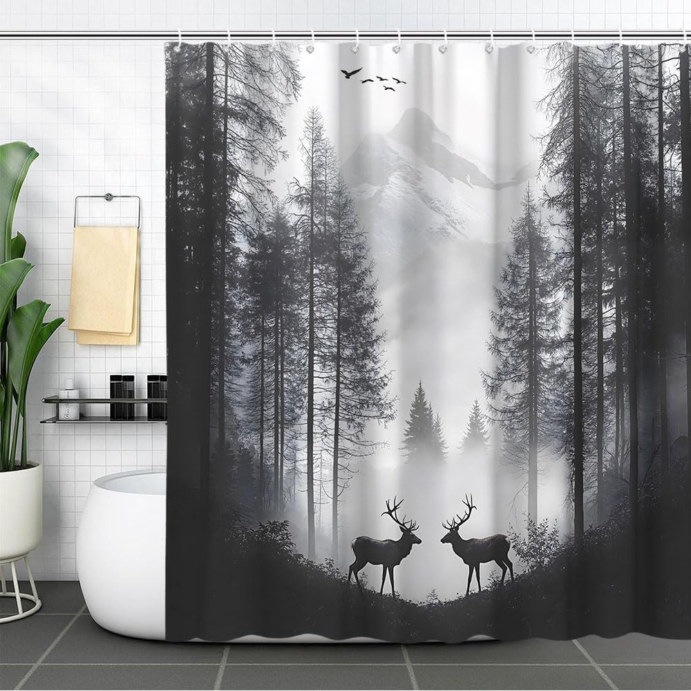 Forest Deer Shower Curtain Grey Foggy Montains Pine Tree Wildlife Elk Moose Hunting Outdoor Rustic Cabin Lodge Nature Landscape