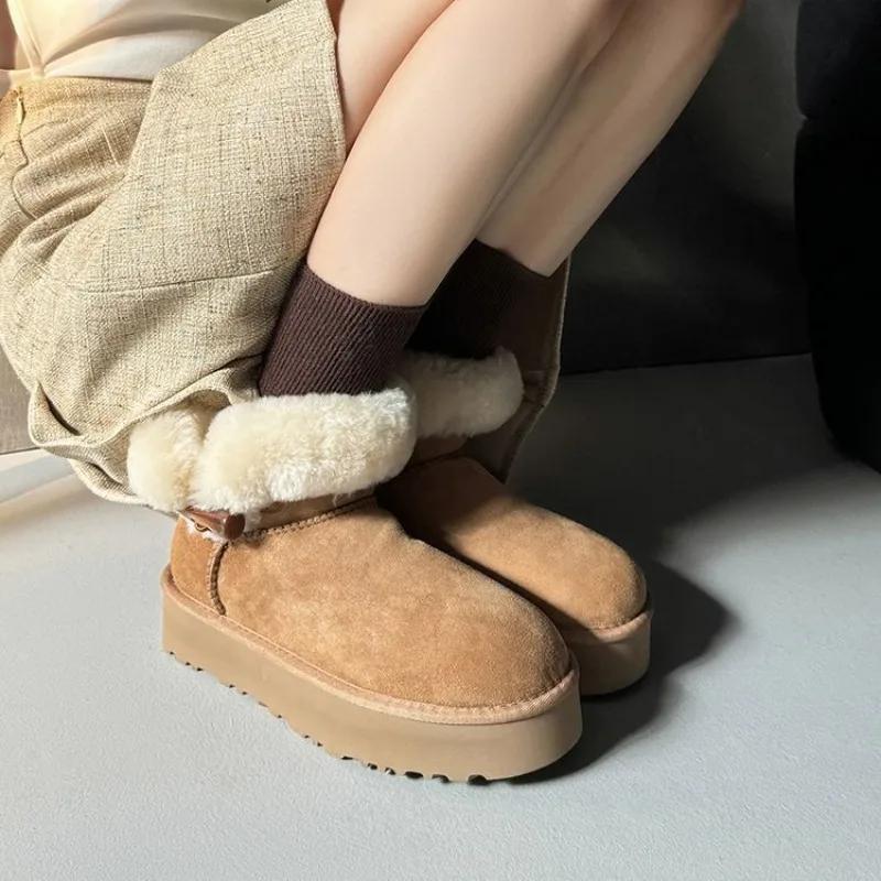 Fashion New Retro Winter Cow Suede Warm Snow Boots Handmade Women's Cute Round Head Thick Bottom with Suede Warm Cotton Boots Size 40