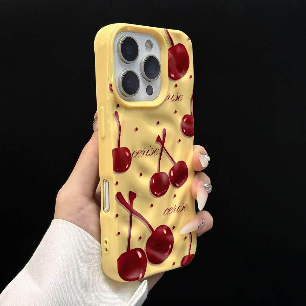 

Korean Cherry Pattern Phone Case For iPhone 17 16 15 14 13 12 11 Pro Max 14 15 Plus 17 Air Wrinkle Wave Soft Silicone Drop Cover iPhone Air