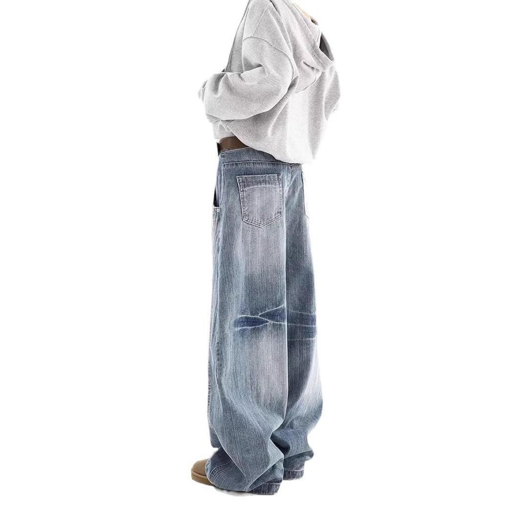 Retro Washed Distressed Loose Fit Jeans - Women's Autumn/Winter Curved Straight Leg Wide Pants