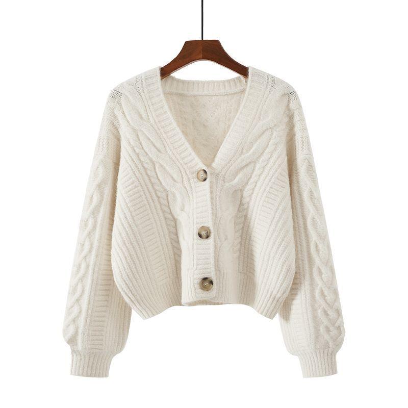 Retro Chic V-neck Cable Knit Sweater, Versatile Loose-Fit Autumn/Winter Jacket for Women