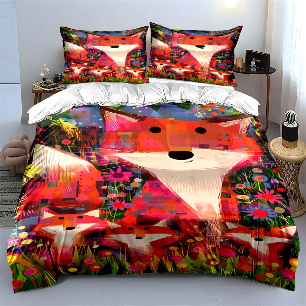 Foxes and Colorful Flowers. Bedding Sets Duvet Cover Sets Duvet Covers Pillowcases(1 * Duvet Cover 2 * Pillowcases Without Duvet Insert)