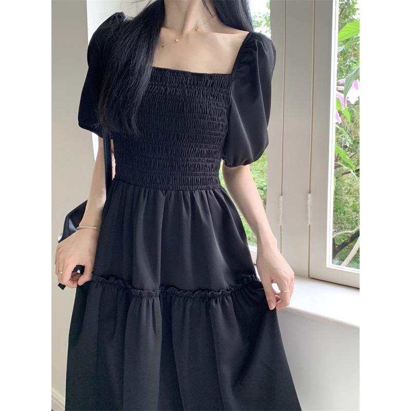 

Plus Size French Bubble Sleeve Square Neck Summer Dress - Slimming Hepburn Style Little Black Dress L