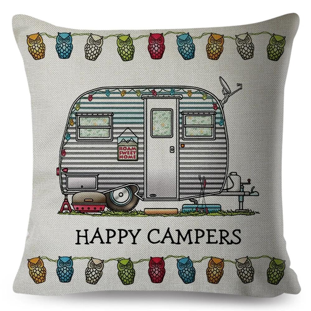 Happy Camper Pillowcase Decor Cartoon Travel Car Printed Pillow Case for Home Sofa Children Room Polyester Cushion Cover 45x45cm