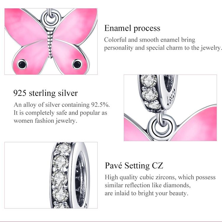 WOSTU Enamel Pink Butterfly 925 Sterling Silver Charm Pendant Fit Original Silver Bracelet Girls DIY Jewelry