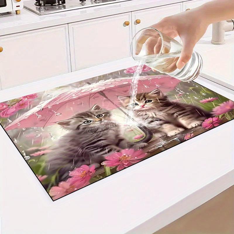 1Pcs Rubber Drying Mat With Cat and BirdPattern For Coffee Shop Restaurant Kitchen Carpet Tableware Durable Diatom Mud Table Mat Pet Mat Coffeeware
