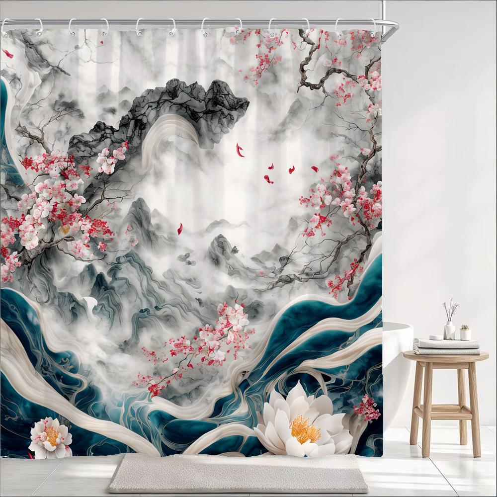 Japanese Wave Mount Fuji Plum Blossom Flower Printied Shower Curtain Waterproof Polyester Fabric Bathroom Curtains with 12 hooks