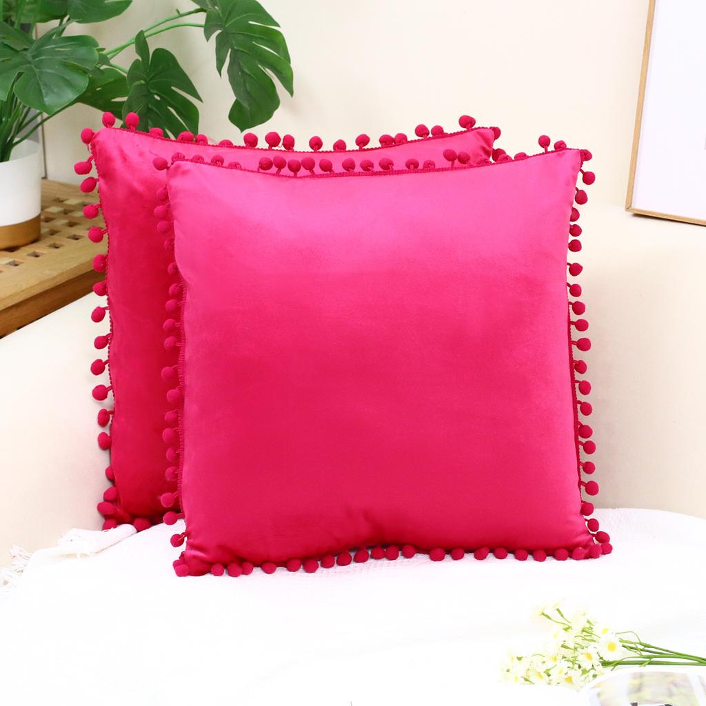 LMETJMA 1 Piece Burgundy Throw Pillow Covers with Pom Pom Velvet Euro Plush Cushion Covers for Sofa Couch Bedroom JT417