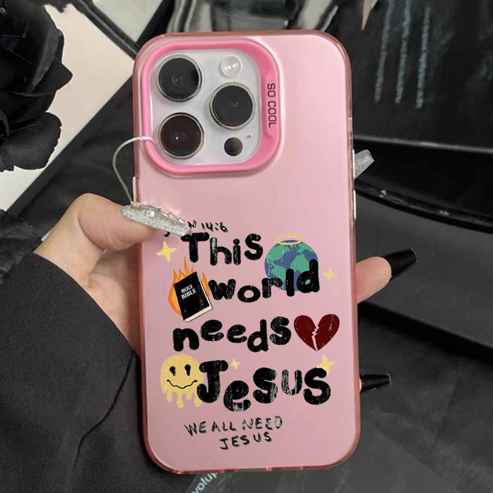Jesus God Quote Scrawl Phone Case For iPhone 16,15,14,13,12,11,Pro,Max,Plus,Mini,XS,SE Anti Fall Pink Matte Hard Bumper