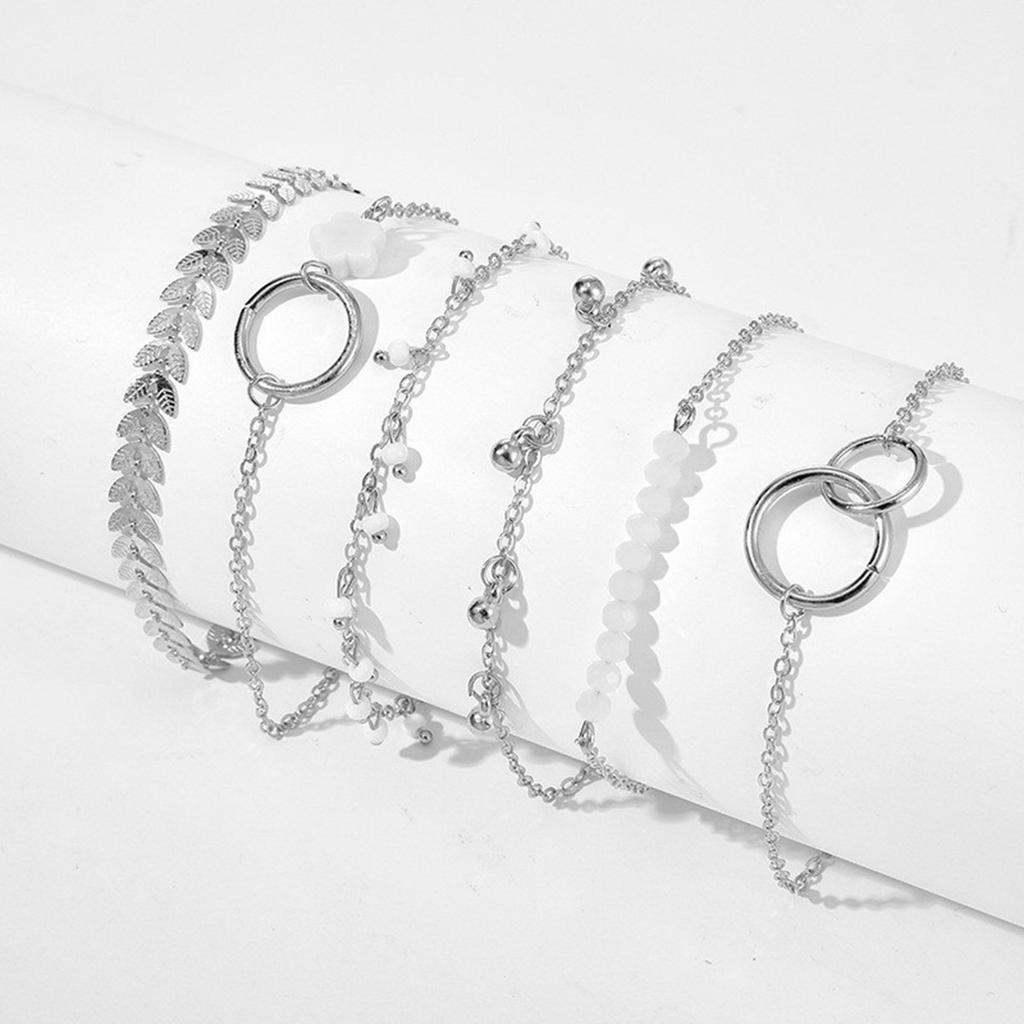 6Pcs SetBohemia Circle Bracelet Set For Women Multi-Layer Vintage Folded Wind Fish Bone Chain Flower Leaves Girls Zircon Gift