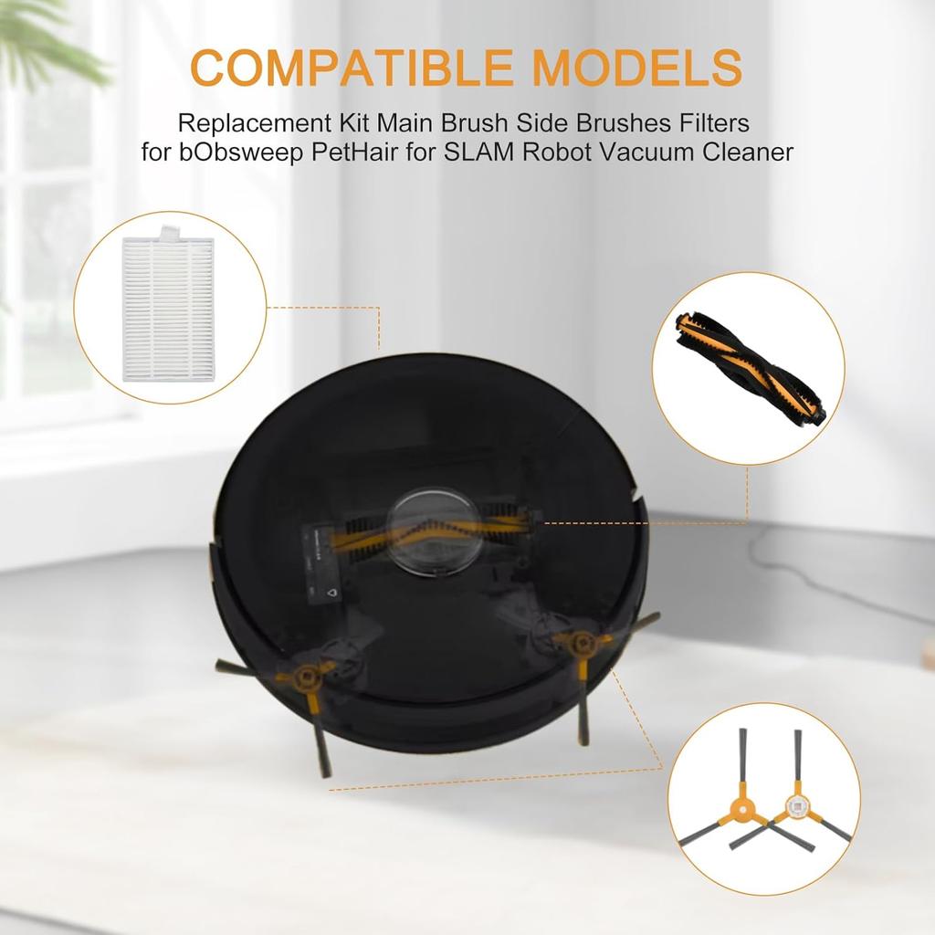 Robot Vacuum Cleaner Replacement Kit Main Brush Side Brushes Filters for bObsweep PetHair, for SLAM Robot Vacuum Cleaner