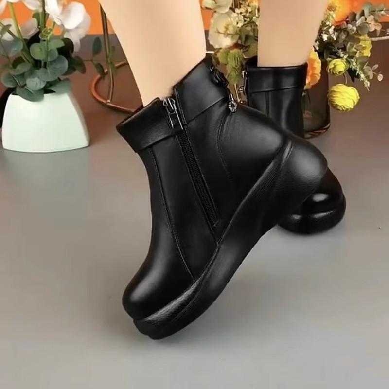 Winter New Soft Leather Wool Shoes Women's Round Head Muffin Platform Short Boots Velvet Warm Mother Cotton Shoes Non-slip Women's Shoes