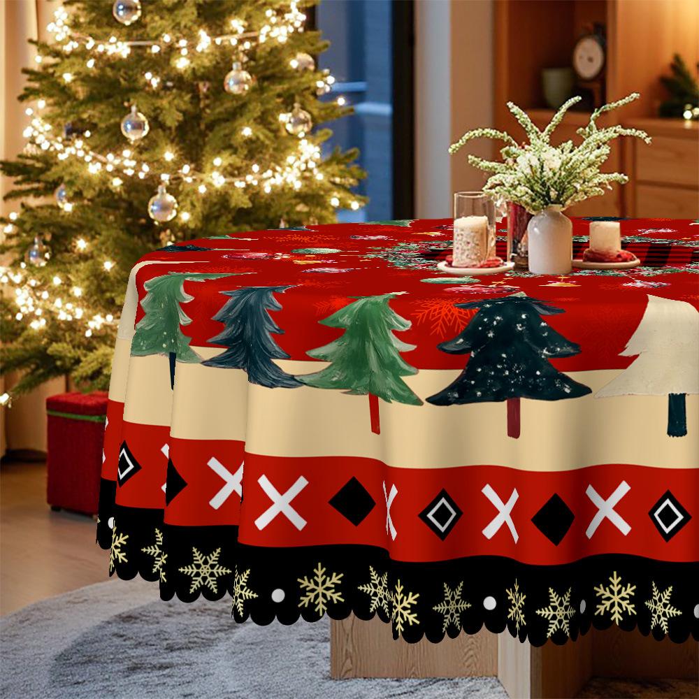 Christmas Round Tablecloth, Red And Green Christmas Tree + Snowflake Plaid Waterproof Dining Table Cloth, Household Party Coffee Table Cover Cloth