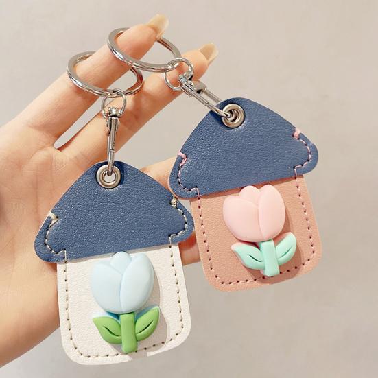 2Pcs Elegant Tulip Key Holder Faux Leather House Shape Keychain