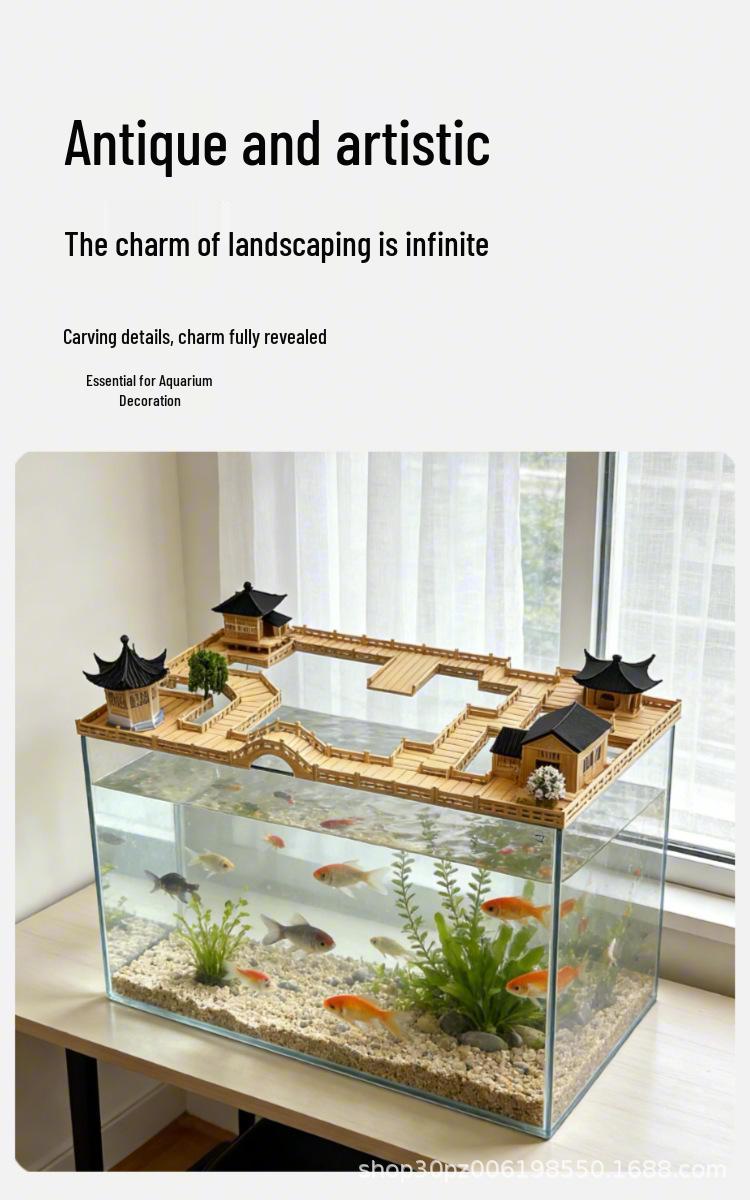 Ancient-Style Lighted Chinese Building Fish Tank Ornament Fortune Invites Treasure