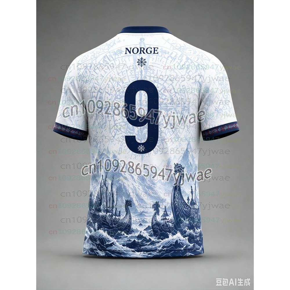 2026 Neues Herren/Kinder Norwegen V-Ausschnitt Fußballtrikot Vollständiges Nordisches Wikinger-Kriegsschiffmuster 3D Schnelltrocknend Atmungsaktiv #9 Fans Sporttrikot