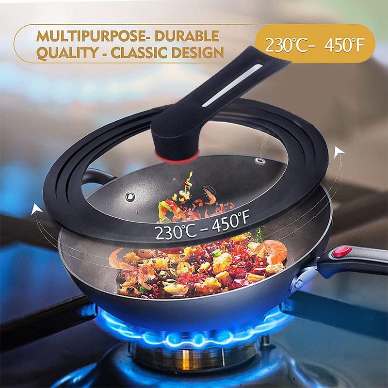 Silicone Universal Pan Lid with Standing Handle Kitchen Pot Skillet Frying Pan Cover Cookware Tempered Glass Replacement Pan Lid
