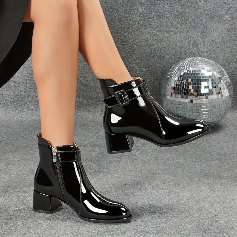 New Patent Leather Booties Spring And Autumn Pointed Toe Splice Side Zipper Waterproof And Non-Slip Women'S Shoes