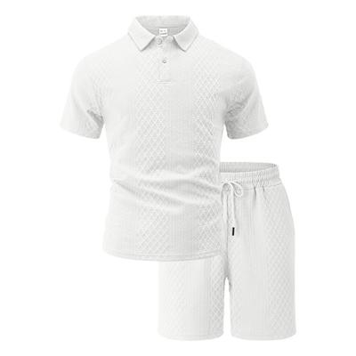 Mens Casual Two Piece Outfit Textured Short Sleeve Polo Shirt And Drawstring Shorts Set