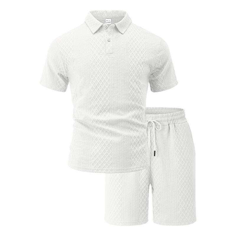 Mens Casual Two Piece Outfit Textured Short Sleeve Polo Shirt And Drawstring Shorts Set S белый