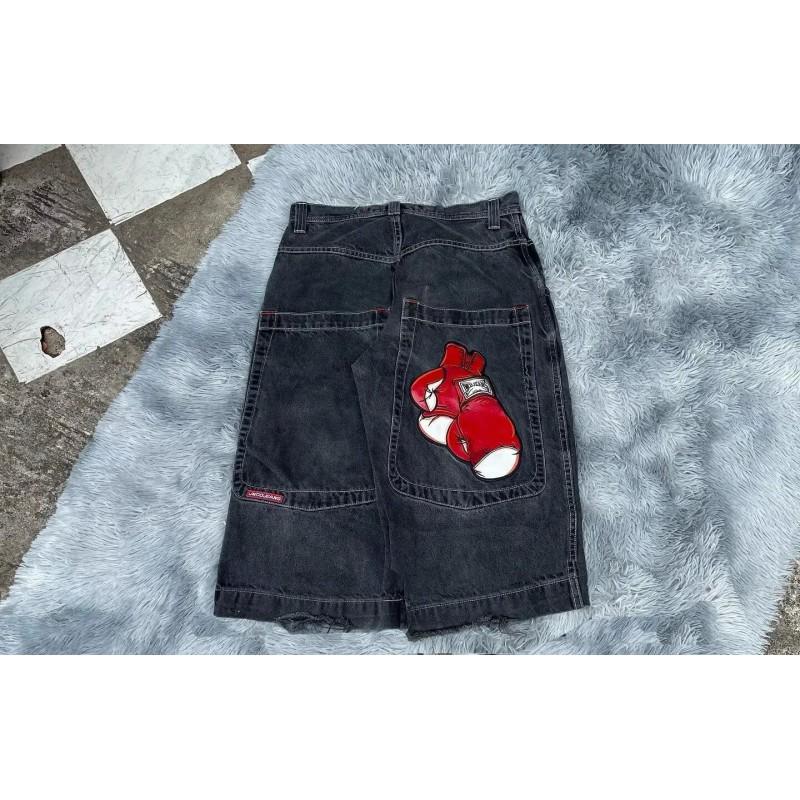 Y2K Hip Hop Boxing Graphic Denim Shorts Loose Fit Gym Streetwear Young Men