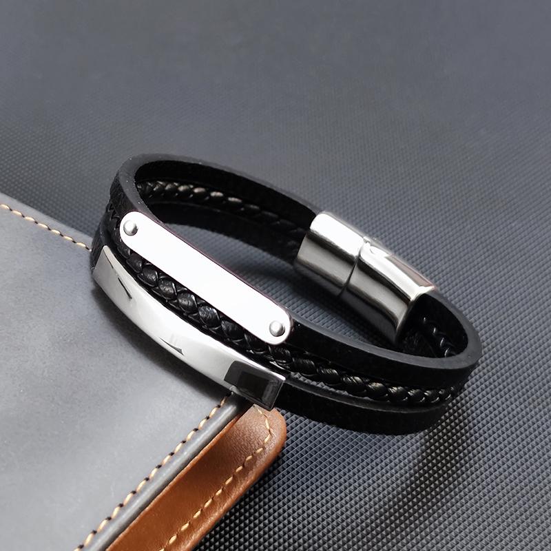 Custom Family Name Bracelet Stainless Steel Charms Bangle Braided Personalized Genuine Leather Men Bracelets Father's Day gifts