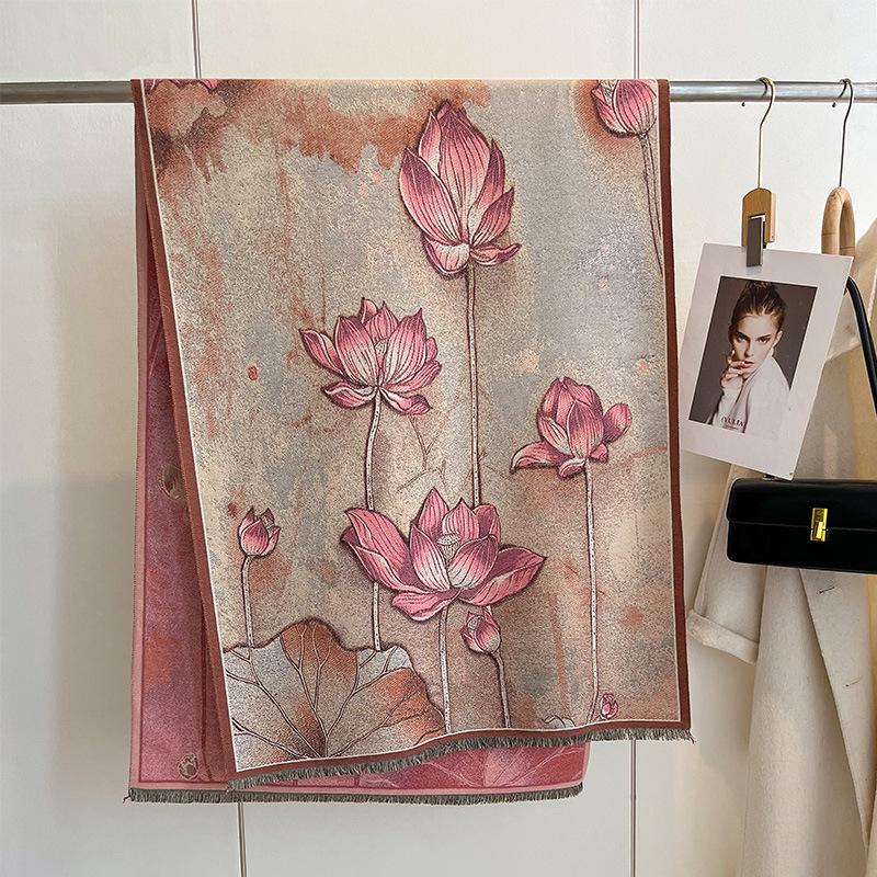 Autumn And Winter National Style Plants And Flowers Landscape Painting Elegant Women Warm Scarf Fashion Retro Shawl