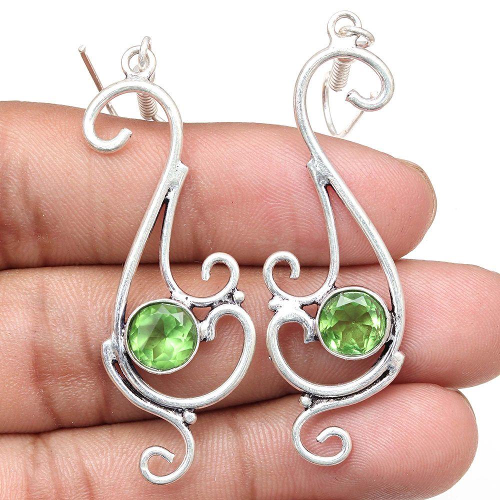 Peridot Quartz Gemstone Handmade Silver Jewelry Earrings 1.5''