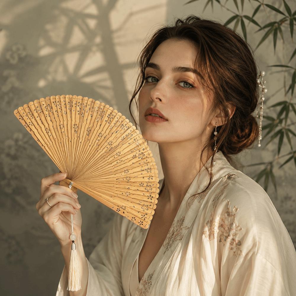 Portable Folding Bamboo Fan Solid Color Elegant Handheld Fans Tassel Folding Fan  Home Decoration