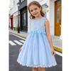 Girls' White Lace Mesh Princess Dress Sleeveless Round Neck Beaded Flower Girl Skirt Children's Wedding Bridesmaid Birthday Party Performance Dress