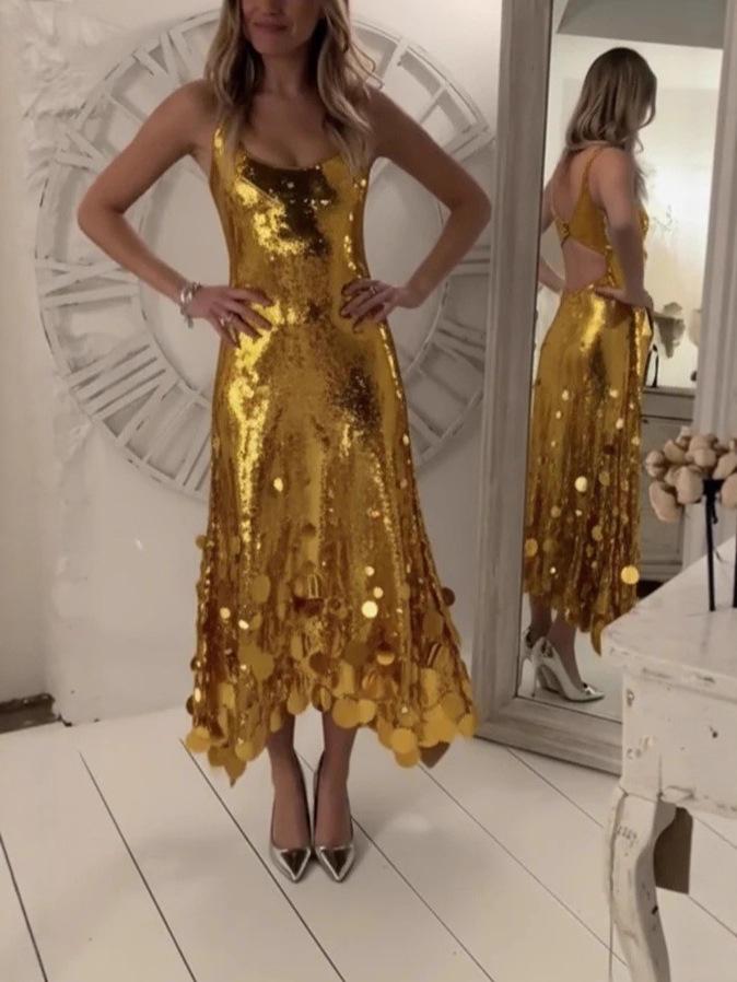 Женское вечернее платье с пайетками в европейско-американском стиле - Без рукавов, банкетное платье 8205 XL золотой