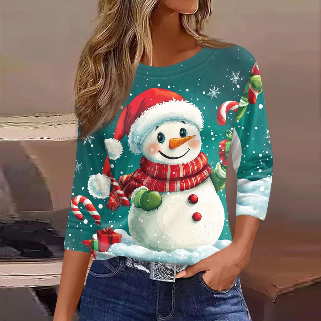 Women's Tops Seven Sleeve Shirt Round Neck Loose Christmas Snowman Christmas Tree Printed T-Shirt