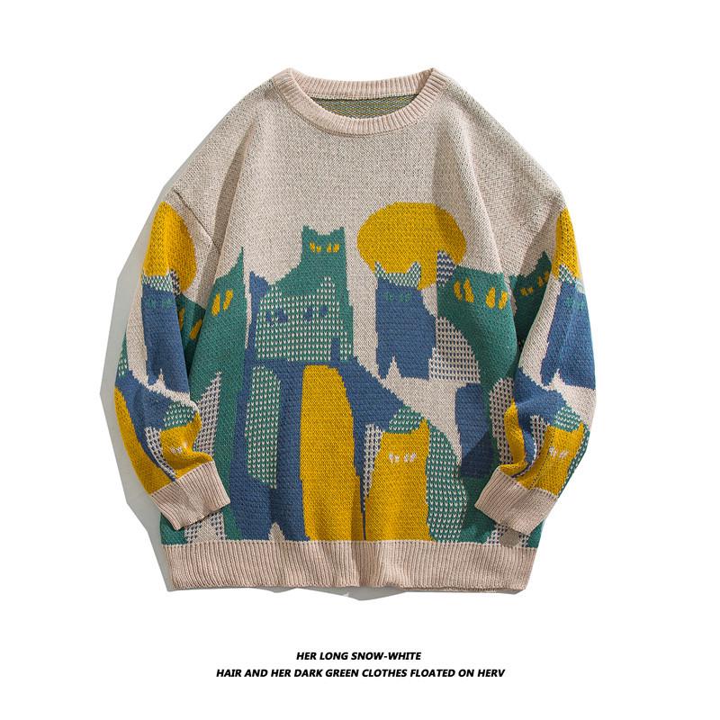 Hong Kong Style Cartoon Sweater: Unisex Loose Round Neck Autumn Knitwear