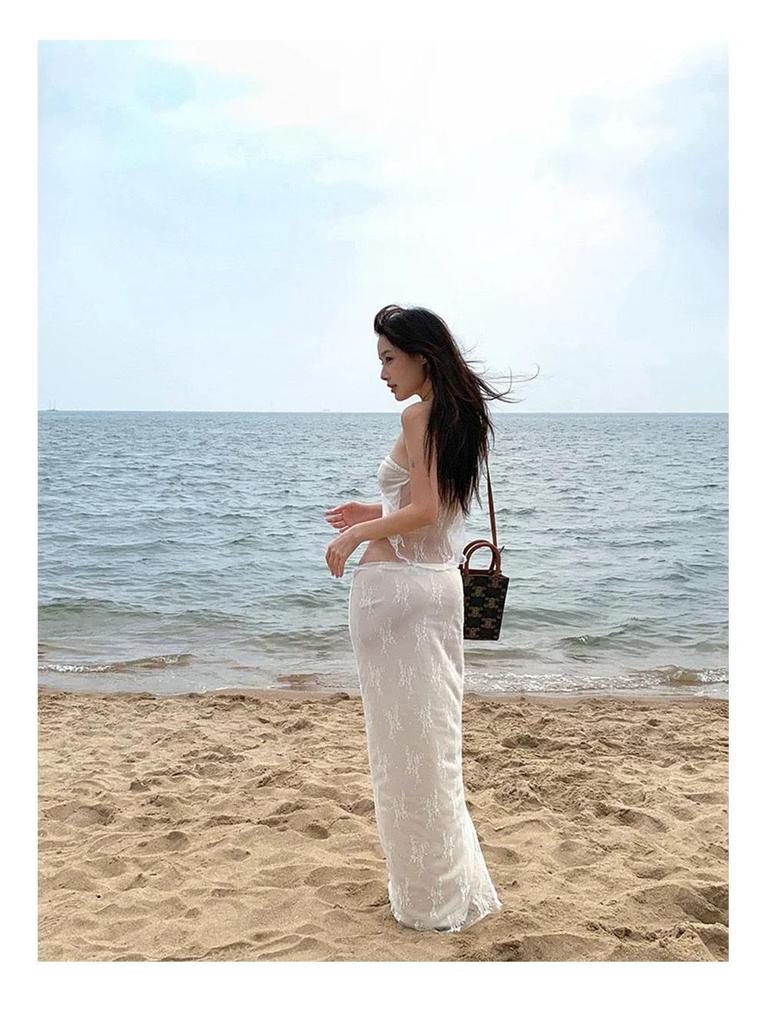 Island Chic: Sexy Lace Bandeau Swimsuit & Split Long Dress for Women