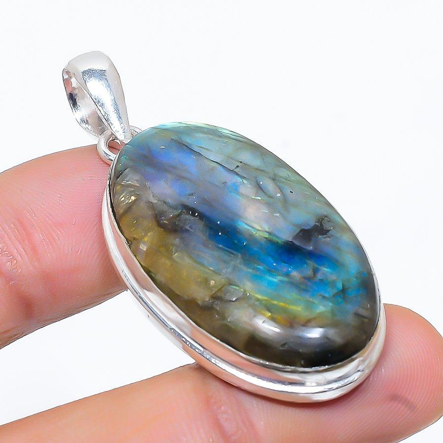 Naturlig Labradoritt Edelsten Håndlaget 925 Sterlingsølv Anheng 1.81" b9Y59