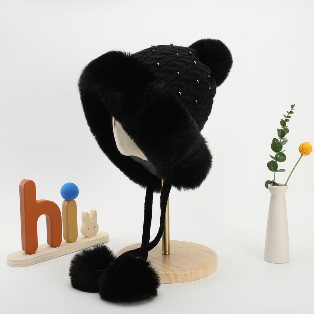 Winter New Women's Cotton Cashmere Pullover Hat Three Hair Ball Pearl Velvet Thickened Cold-proof and Warm Knitted Hat