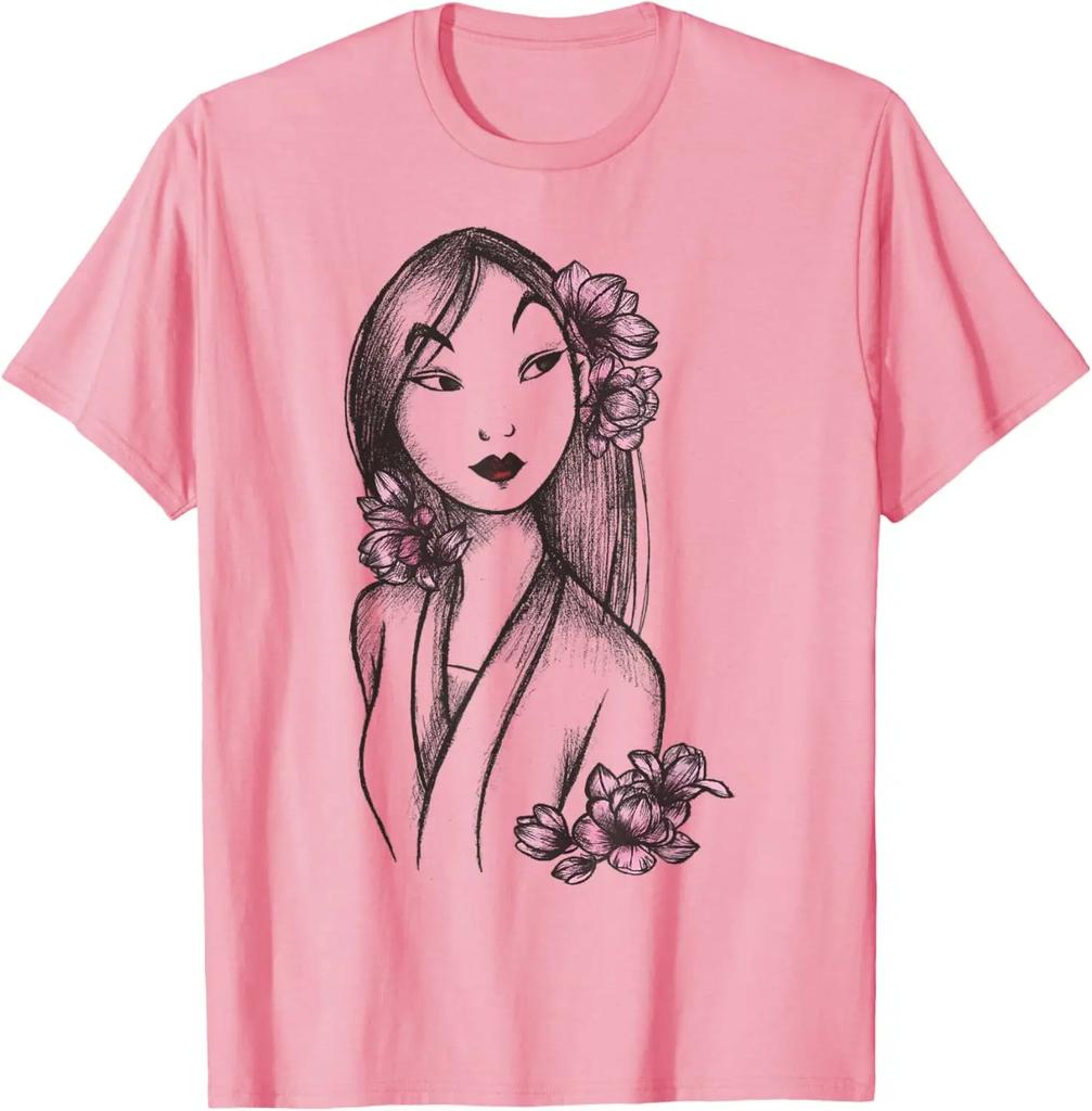 Hot Fashion Casual Disney Mulan Sketched Floral Hair Portrait Graphic T-Shirt T-Shirt S-4XL Four Seasons
