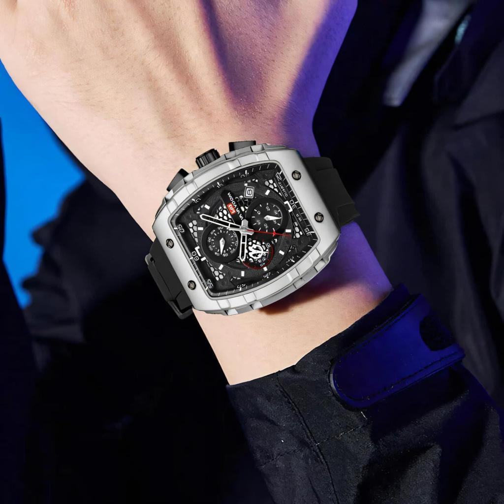 VA VA VOOM Men's Watches Barrel-Shaped Hollow Chronograph Quartz Watch Fashion Silicone Strap Waterproof Sports Luxury Wristwatch for Men