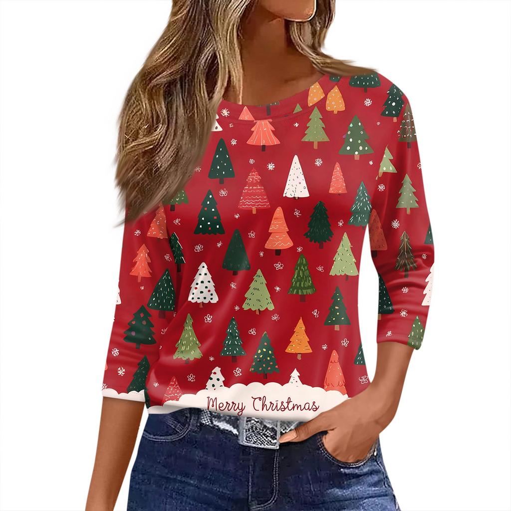 Women's T Shirt Christmas Print 3/4 Sleeve Daily Weekend Fashion Basic Round Neck Regular Top
