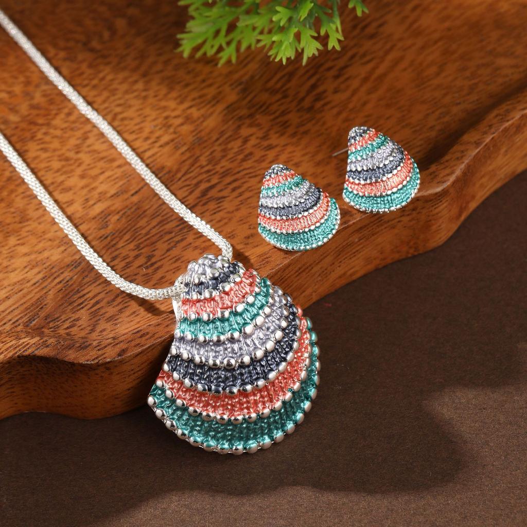 Enamel Color Geometric Shell Stud Earrings Pendant Set, Women's Simple and High-end Shell Necklace