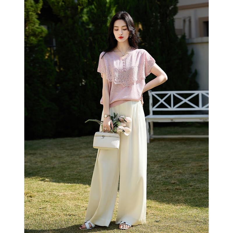 Demana French Lace V-Neck Slub Knit Top