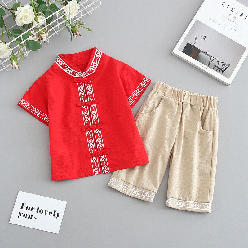 Completo Estivo da Ragazzo a Maniche Corte Stile Cinese per Bambini Hanbok Bello Completo Tang Cotone Lino Sezione Sottile di Abbigliamento Antico