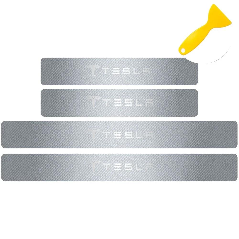 Car Sticker Tesla 4Pcs Car Styling Carbon Fiber Vinyl Door Sills Guard Sticker for Tesla Model 3 Model S X Roadster SpaceX Cyber
