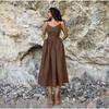French Khaki Cotton Linen Breathable Halter High Waisted Dress Holiday Style Long Skirt Woman